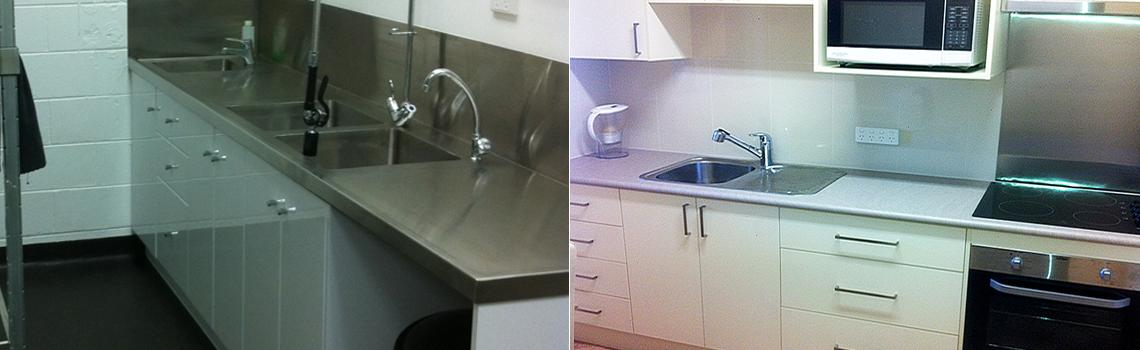 (L) Part of commercial kitchen installation project. (R) Residential kitchen installation including fittings.